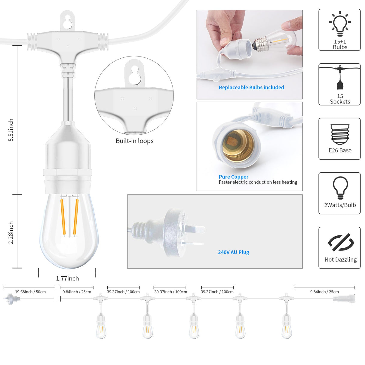 HQ SolarLighting 15M-240M Connectable LED Outdoor Festoon Lights Party Lights String Lights Dimmable HQ SolarLighting