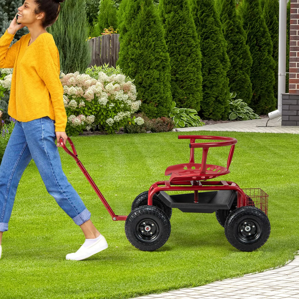 HQ Solar Lighting Rolling Garden Cart Scooter, Outdoor Heavy-Duty Gardening Cart w/ 26cm Tires, Swivel Seat HQ SolarLighting