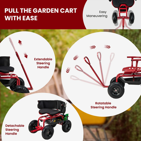 HQ Solar Lighting Rolling Garden Cart Scooter, Outdoor Heavy-Duty Gardening Cart w/ 26cm Tires, Swivel Seat HQ SolarLighting