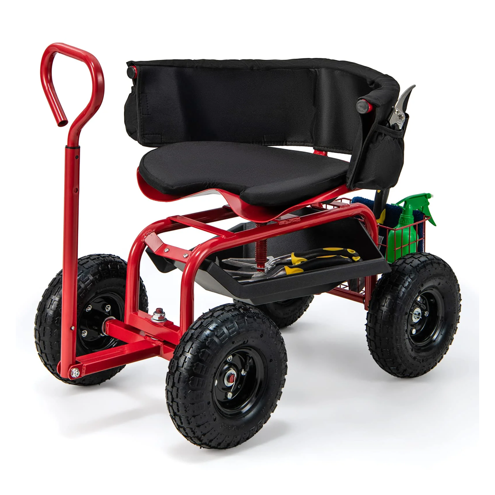 HQ Solar Lighting Rolling Garden Cart Scooter, Outdoor Heavy-Duty Gardening Cart w/ 26cm Tires, Swivel Seat HQ SolarLighting