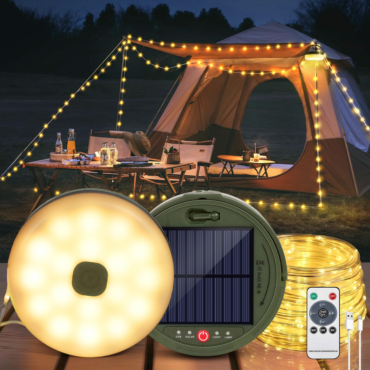 Solar Camping String Light, 12.8 M  Solar Portable Waterproof Camping Lights with Remote, USB Type-C Rechargeable Portable Camping Lights with 8 Lighting Modes for Garden Party Decorations soga