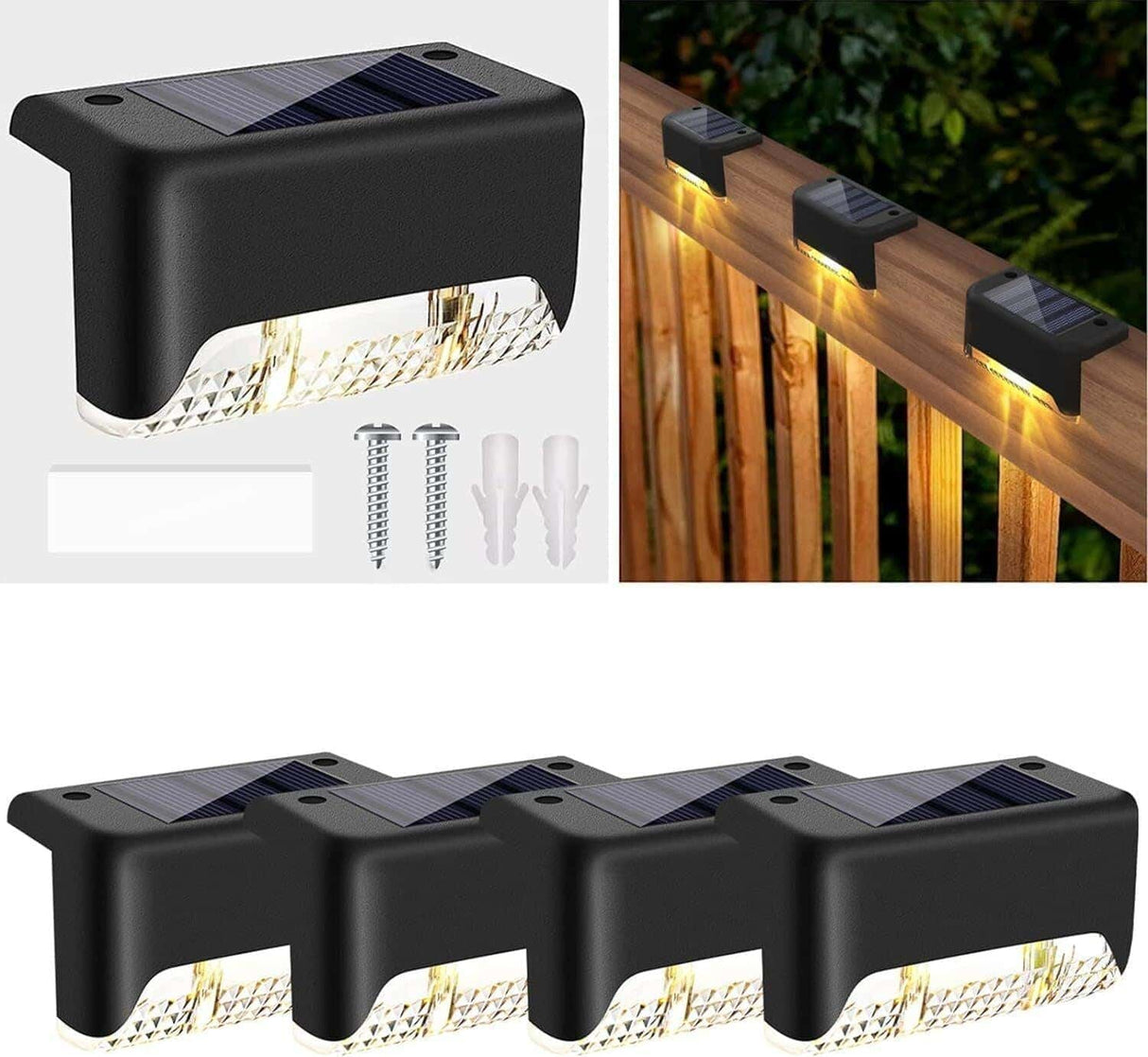 Solar-Terrassenleuchten für den Außenbereich – 4er-Pack wasserdichte LED-Stufenleuchten für Zaun, Treppe, Terrasse
