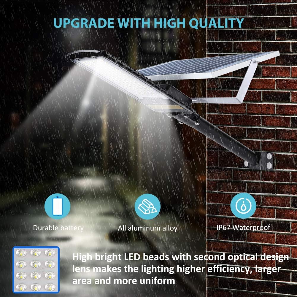 HQ SolarLighting Solar Street Lights Outdoor Lamp, 16000lm IP67 Waterproof Light with Anti Broken Remote Control Mounting Bracket, Dusk to Dawn Security Led Flood Light for Yard, Garden, etc hqsolarlighting