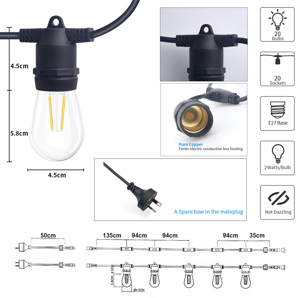 HQ SolarLighting 20M-200M Connectable LED Festoon String Lights Party Patio Dimmable