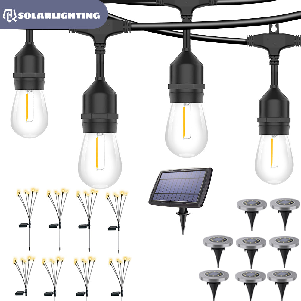 HQ SolarLighting Garden Lights Bundle B3(1PCS 15M 15Bulbs Solar Festoon Lights+8pcs Solar Firefly Lights+8pcs Solar Ground Lights)