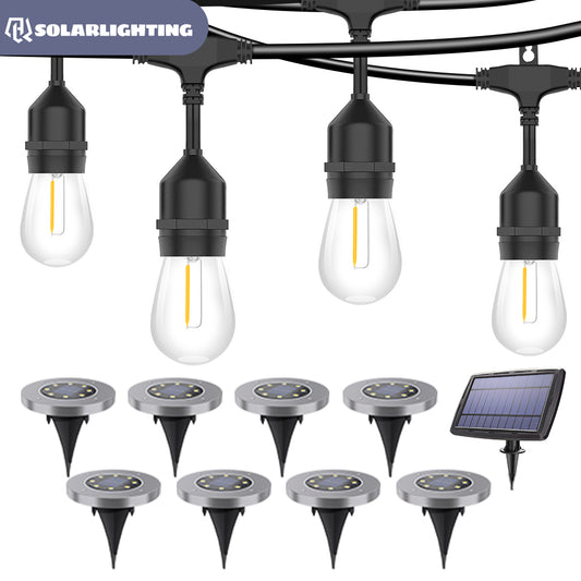 HQ SolarLighting Garden Lights Bundle B2(1PCS 15M 15Bulbs Solar Festoon Lights+8pcs Solar Ground Lights)