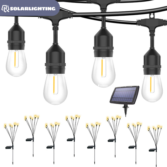 HQ SolarLighting Garden Lights Bundle B1(1PCS 15M 15Bulbs Solar Festoon Lights+8pcs Solar Firefly Lights)