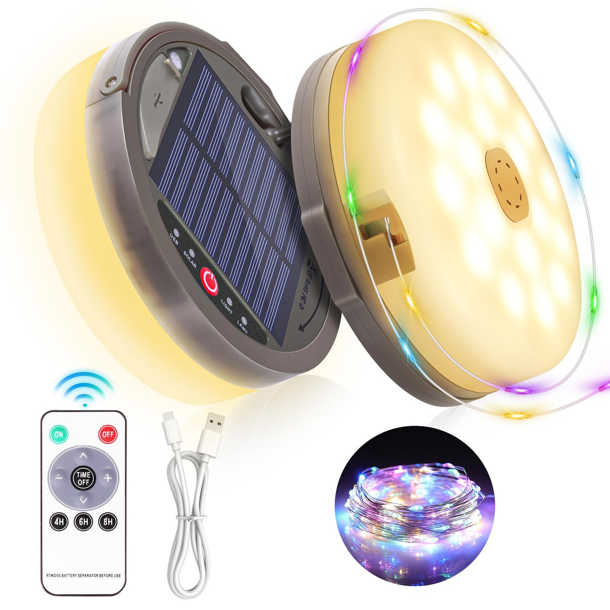 Solar Camping String Light, 12.8 M  Solar Portable Waterproof Camping Lights with Remote, USB Type-C Rechargeable Portable Camping Lights with 8 Lighting Modes for Garden Party Decorations soga