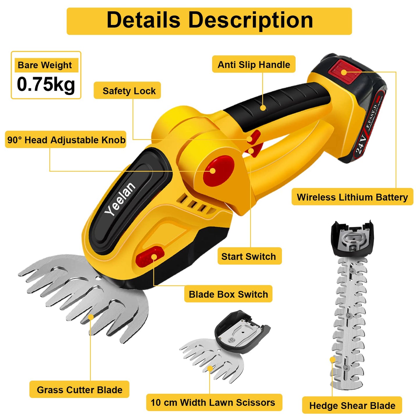 HQ SolarLighting Cordless Hedge Trimmer (+2 FREE Batteries)