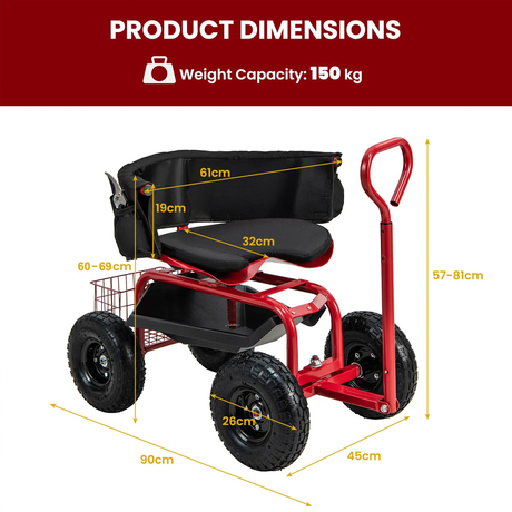 HQ Solar Lighting Rolling Garden Cart Scooter, Outdoor Heavy-Duty Gardening Cart w/ 26cm Tires, Swivel Seat HQ SolarLighting